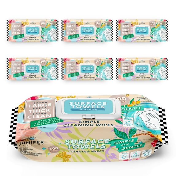 Juniper CLEAN 6 Packs Surface Cleaning Wipes Bleach Free, Thick & Large Dispose, All-Purpose Cleaner for Bathroom, Kitchen, Office, 100 Count Soft Flow, Biodegradable, No Scent