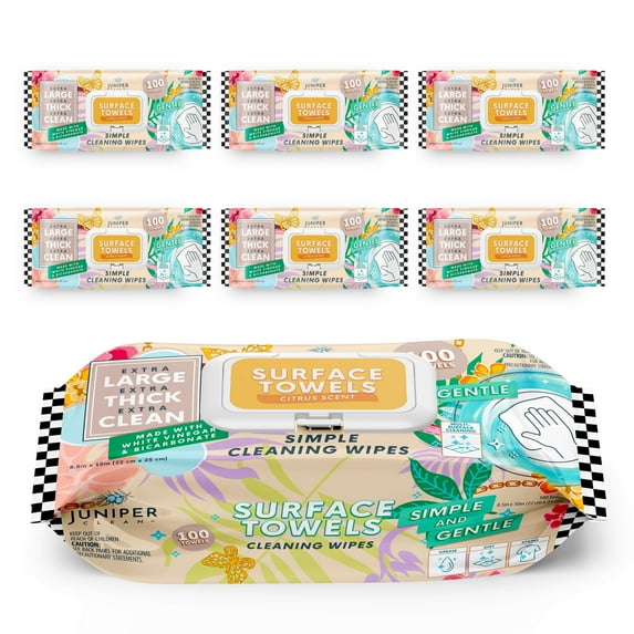 Juniper CLEAN 6 Packs Surface Cleaning Wipes Bleach Free, Thick & Large Dispose, All-Purpose Cleaner for Bathroom, Kitchen, Office, 600 Count Soft Flow, Biodegradable, Citrus Scent