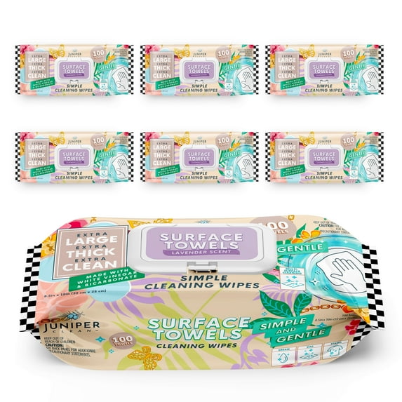 Juniper CLEAN 6 Packs Surface Cleaning Wipes Bleach Free, Thick & Large Dispose, All-Purpose Cleaner for Bathroom, Kitchen, Office, 600 Count Soft Flow, Biodegradable, Lavender Scent