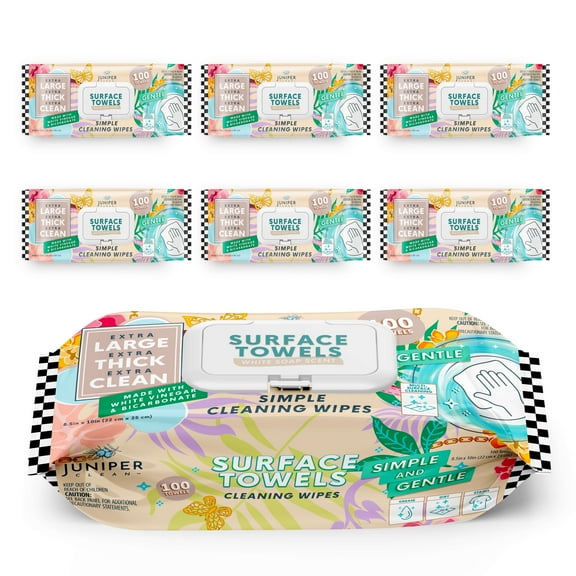 Juniper CLEAN 6 Packs Surface Cleaning Wipes, Thick & Large Dispose, All-Purpose Cleaner for Bathroom, Kitchen, Office, 600 Count Soft Flow, Biodegradable, White Soap Scent