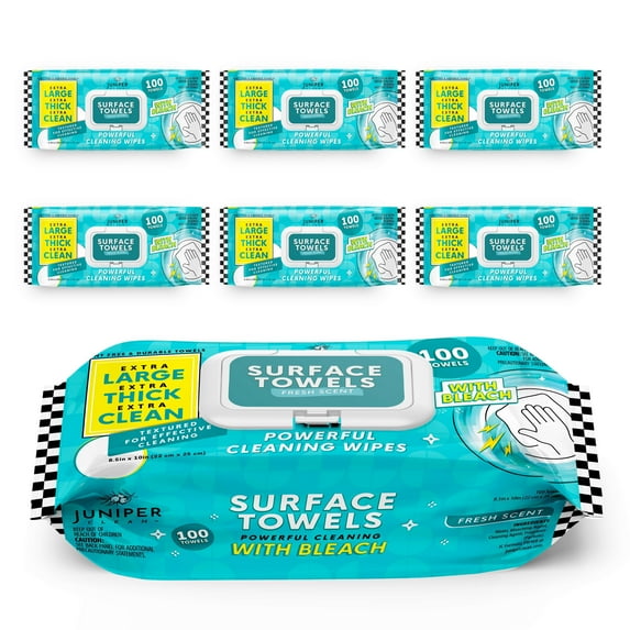 Juniper CLEAN 6 Packs Surface Wipes with Bleach, Thick & Large Dispose, All-Purpose Cleaner for Bathroom, Kitchen, Office, 600 Count Soft Flow, Biodegradable, Fresh Scent