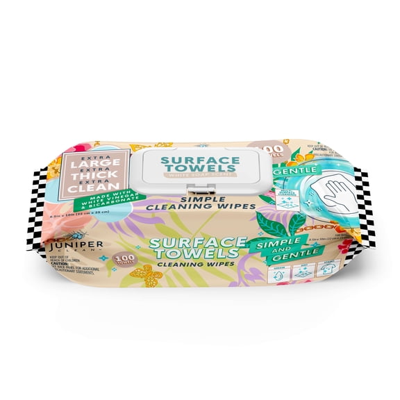 Juniper CLEAN Single Surface Cleaning Wipes, Thick & Large Dispose, All-Purpose Cleaner for Bathroom, Kitchen, Office, 100 Count Soft Flow, Biodegradable, White Soap Scent