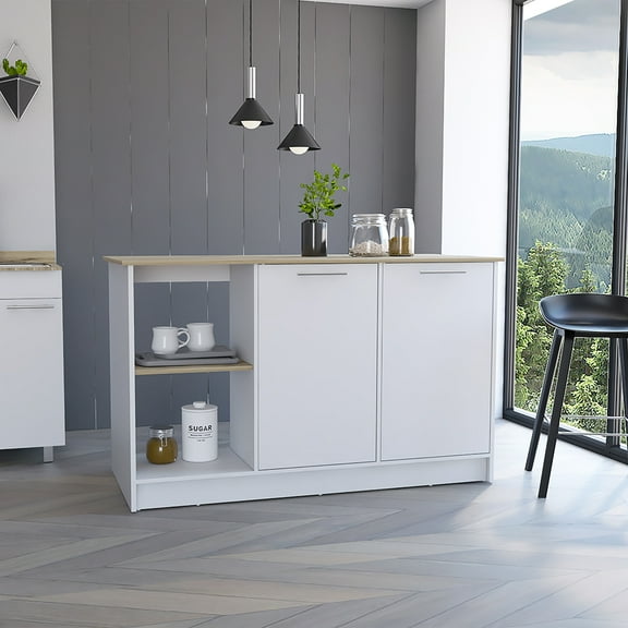 Juniper Kitchen Island - Light Oak & White Finish - Four Open Shelves with Two Cabinet Storage