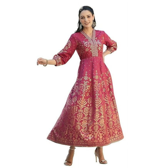 Juniper Maroon Ethnic Motif Printed Rayon Anarkali Dress