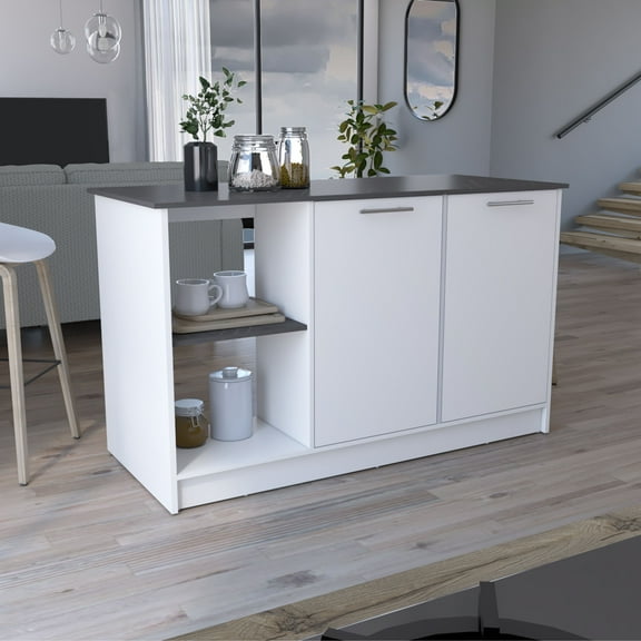 Juniper Modern White/Onyx Kitchen Island: 59" Large Prep Station with Double Cabinet & Open Shelves. Durable Particle Board for Dining Room & Kitchen Workspace.