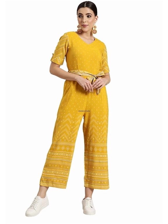 Juniper Mustard Ethnic Motif Printed Rayon Flex Jumpsuit.