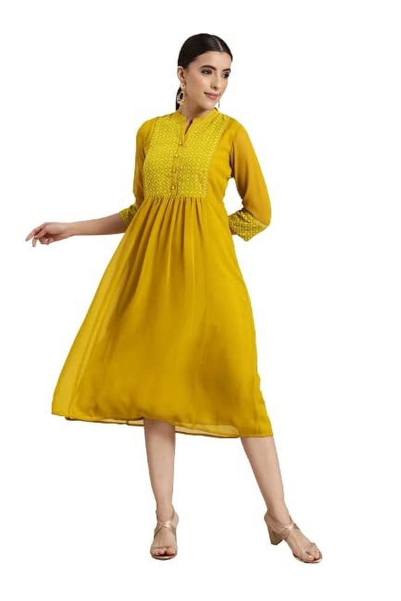 Juniper Mustard Georgette Lacy Midi Dress With Yoke Embroidery & Show Buttons
