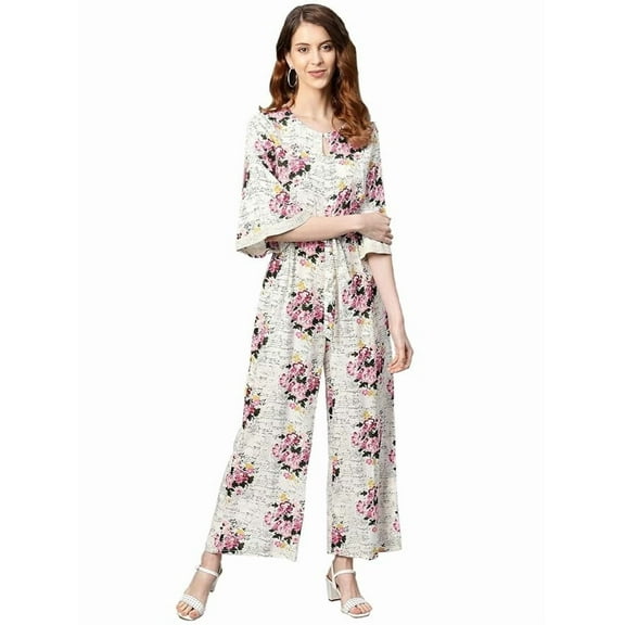 Juniper Off-White Floral Printed Rayon Slub Jumpsuit