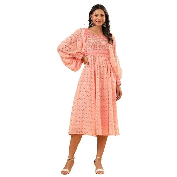 Juniper Peach Ethnic Motif Printed Georgette Midi Dress