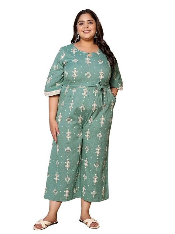 Juniper Sage Green Geometric Printed Cotton Flex Jumpsuit