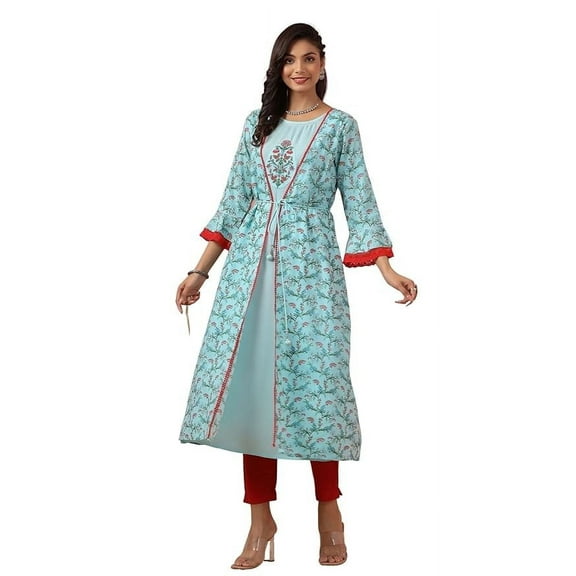 Juniper Sky Blue Floral Printed Cotton Lacy Jacket Style Dress