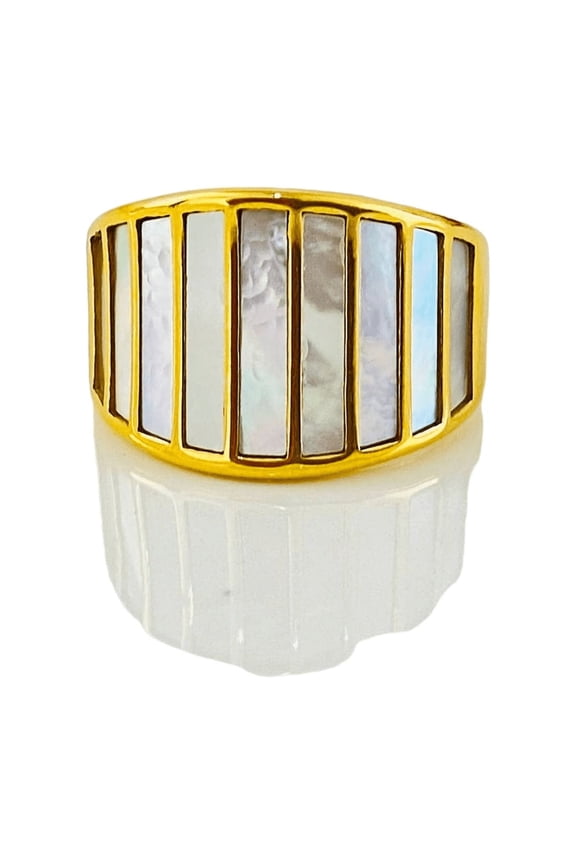 Juniper Treasures 18K Yellow Gold Plated Stainless Steel Striped White Natural Shell Ring Size 8