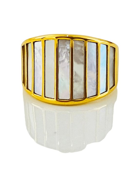 Juniper Treasures 18K Yellow Gold Plated Stainless Steel Striped White Natural Shell Ring Size 8