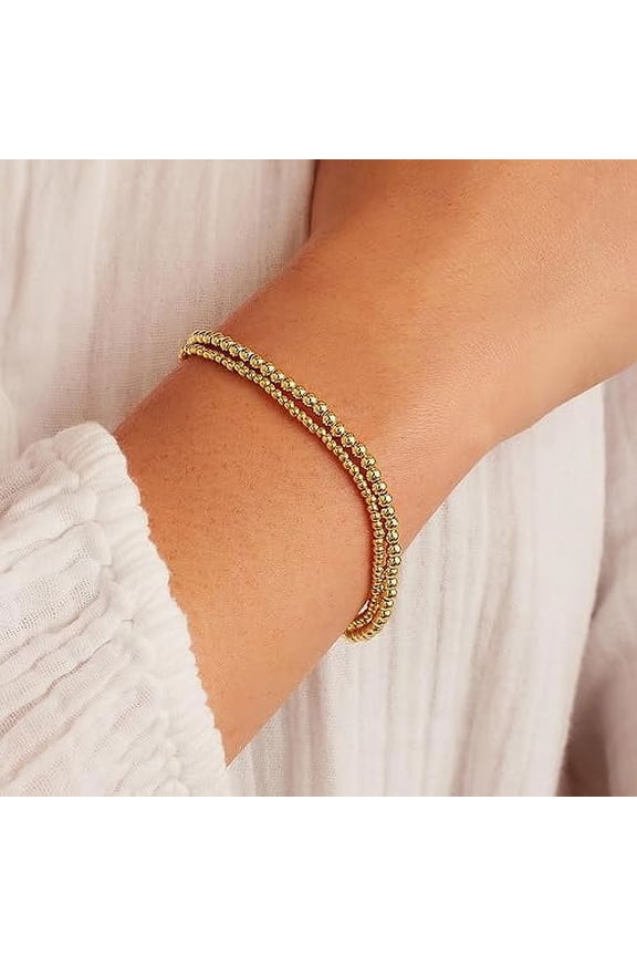 Juniper Treasures Gold Beaded Bracelets 3MM 18K Yellow Gold Plated Stainless Steel Stretch Gold Hypoallergenic Stackable Bracelet 3MM