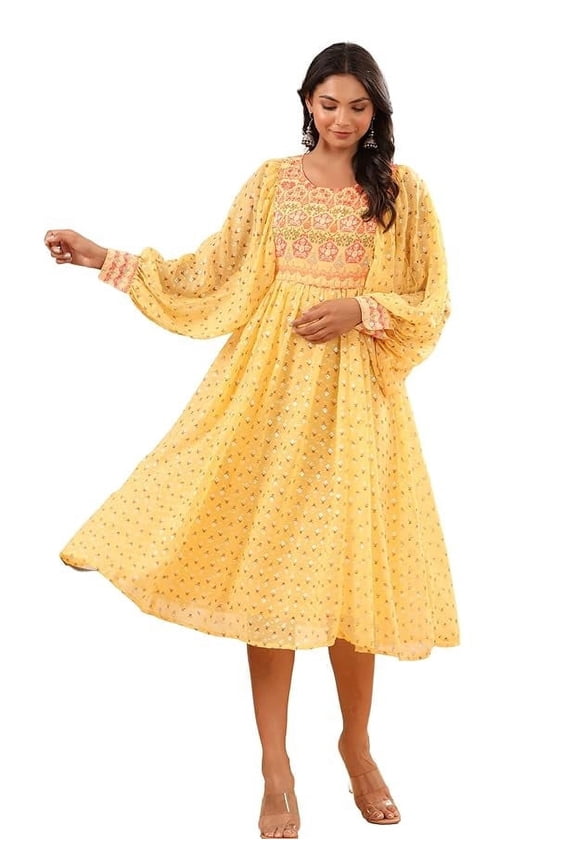 Juniper Yellow Ethnic Motif Printed Georgette Midi Dress