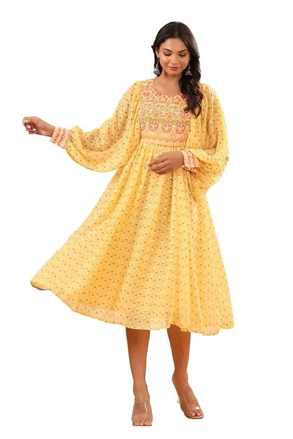 Juniper Yellow Ethnic Motif Printed Georgette Midi Dress