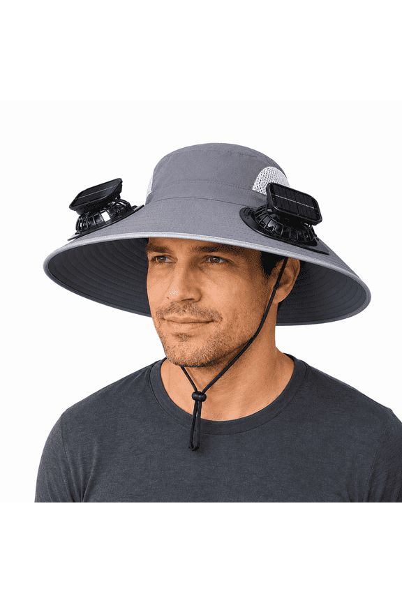Gray Solar Fan Sun Hat for Men & Women, Wide Brim UPF 50+ Cooling Hat with Dual Fans, USB Rechargeable Outdoor Sun Protection Hat for Hiking Fishing Gardening