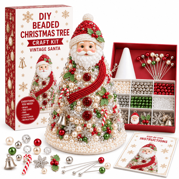 Junistra Vintage Santa DIY Beaded Christmas Tree Craft Kit, Holiday Craft Supplies