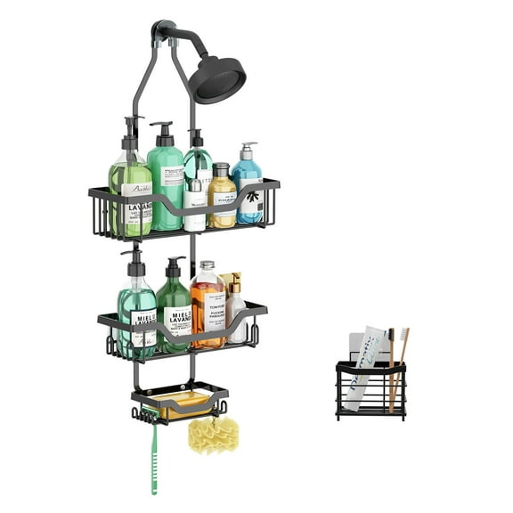 Junjian 2-Pack Hanging Shower Caddy, Anti-Swing Shower Organizer with 10 Hooks, Stainless Steel Shower Shelves, Over the Shower Head Bathroom Storage (with Toothbrush Holder)