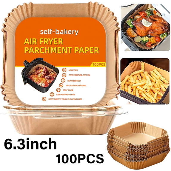 Junjian Air Fryer Liners Disposable 100 Pcs 6.3'' Square Parchment Paper for Baking, Non-Stick, for 2-5 QT Air Fryer