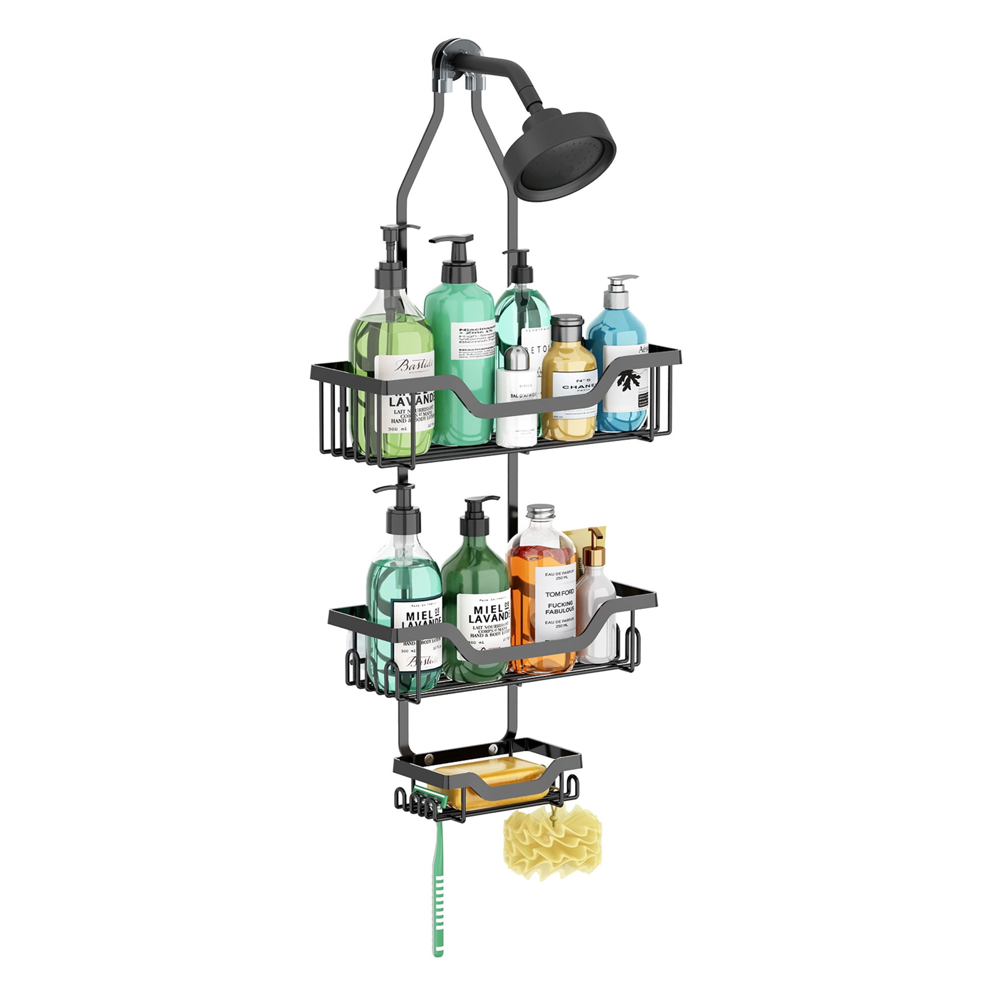 Junjian Hanging Shower Caddy, Anti-Swing Shower Organizer with 10 Hooks, Stainless Steel Shower Shelves, over the Shower Head Bathroom Storage (Matte Black)