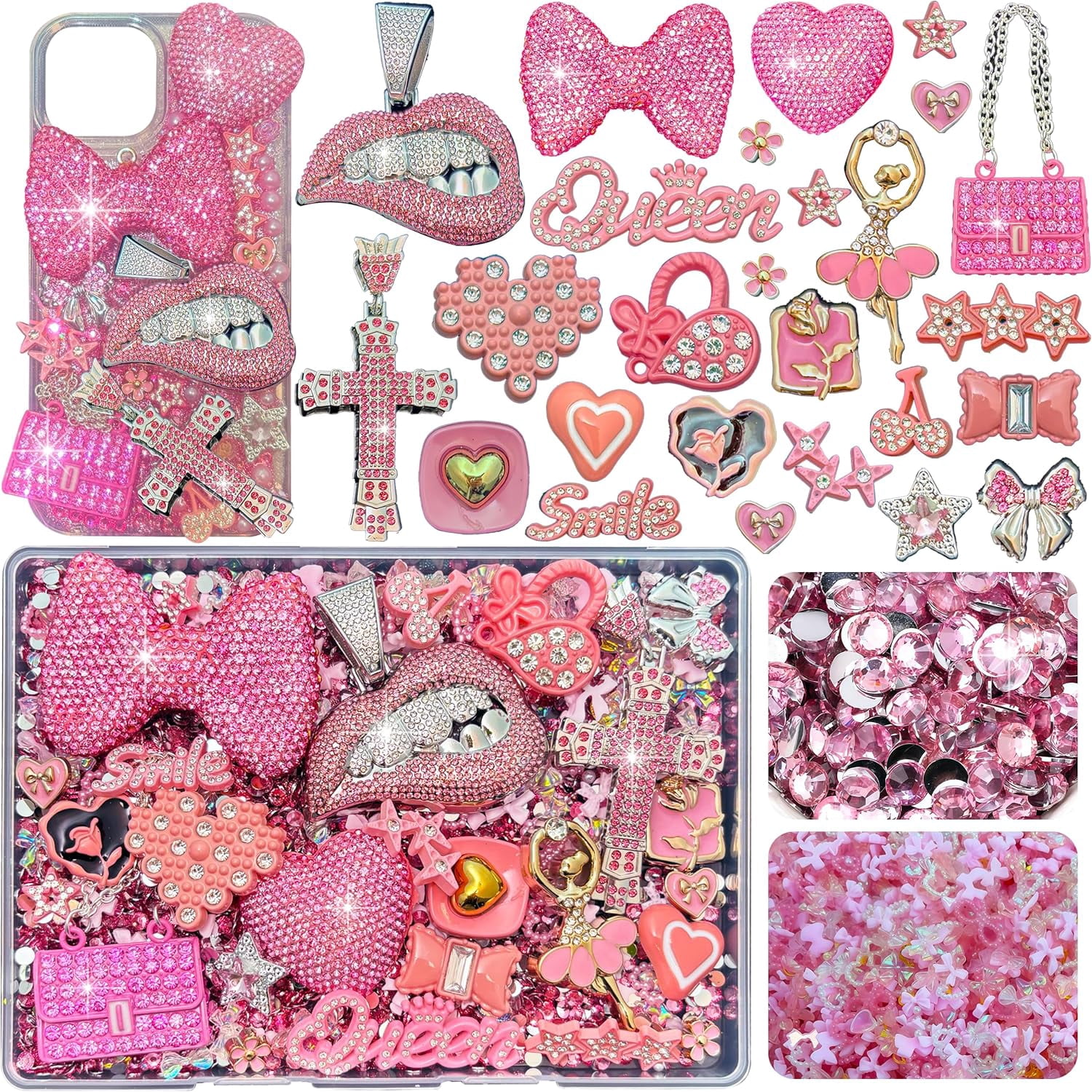 Junk Case Charms Kit, Pink Junks Phones Cases 3D Rhinestone Cool teeth and lips And Bows Chain Bags Hearts And Cross Flowers And Other Bedazzling Kits Can Be Used In DIY Phone Case Designs