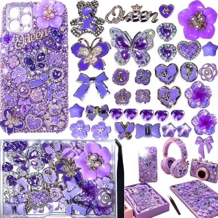Junk Case Large Charm Kit Elegant Mystery Phone Case Charms with Purple Rhinestone Butterfly, Pearl Camellia, 3D Love Bear & Floral Decor, Elegant DIY Craft Set for Girls & Social Media