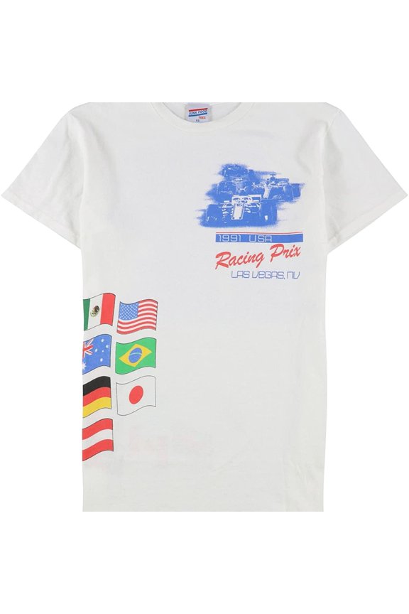 Junk Food Mens Racing Prix 1991 Graphic T-Shirt, White, Medium