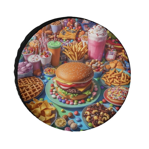 Junk Food Pattern Heavy Duty Spare Tire Cover Burger Fries Donut Junk Fast Food Pattern Waterproof Polyester Wheel Protectors Wheel Covers for Camper Trailer Truck SUV Universal 13inch