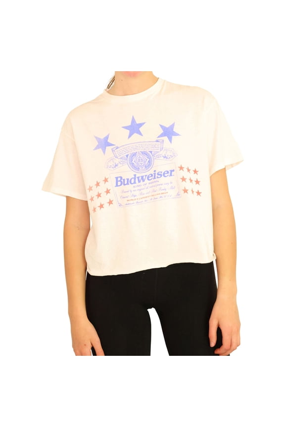 Junk Food Womens Budwiser Stars Cropped Graphic T-Shirt, White, Medium