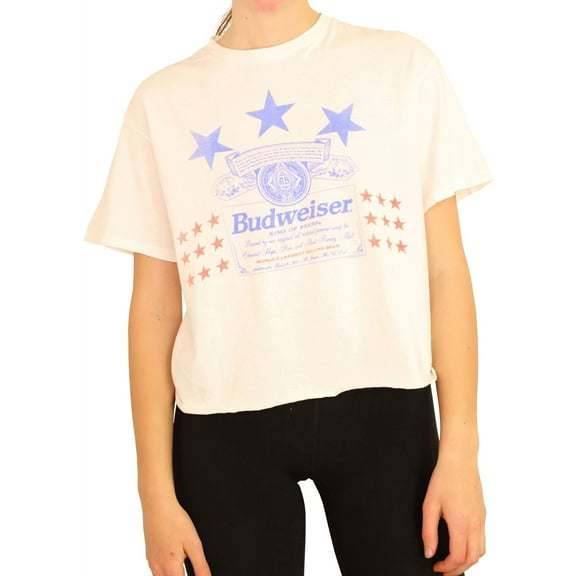 Junk Food Womens Budwiser Stars Cropped Graphic T-Shirt, White, Small