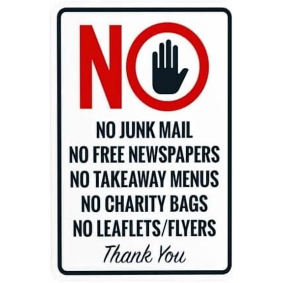 No Junk Mail Free Newspapers Takeaway Menus Charity Bags Leaflets Flyers Thank You Warning Sign, Prohibition Security Metal Signs for Business Wall Safety Caution Custom Decor 8 x 12 Inch