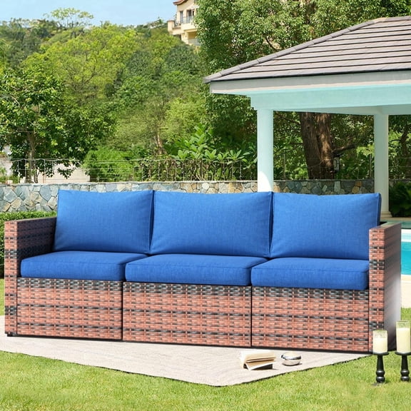Junkai 3-Seater PE Rattan Outdoor Sofa with Thick Detachable Cushions, Weather-Resistant Patio Set for Garden Backyard Poolside, Blue