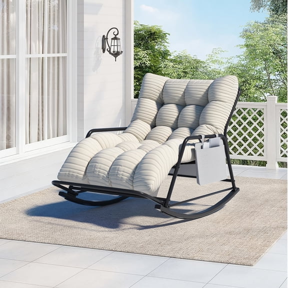 Junkai Adult Striped Outdoor Patio Rocking Chair with Side Storage Pocket and Heavy-duty, Beige