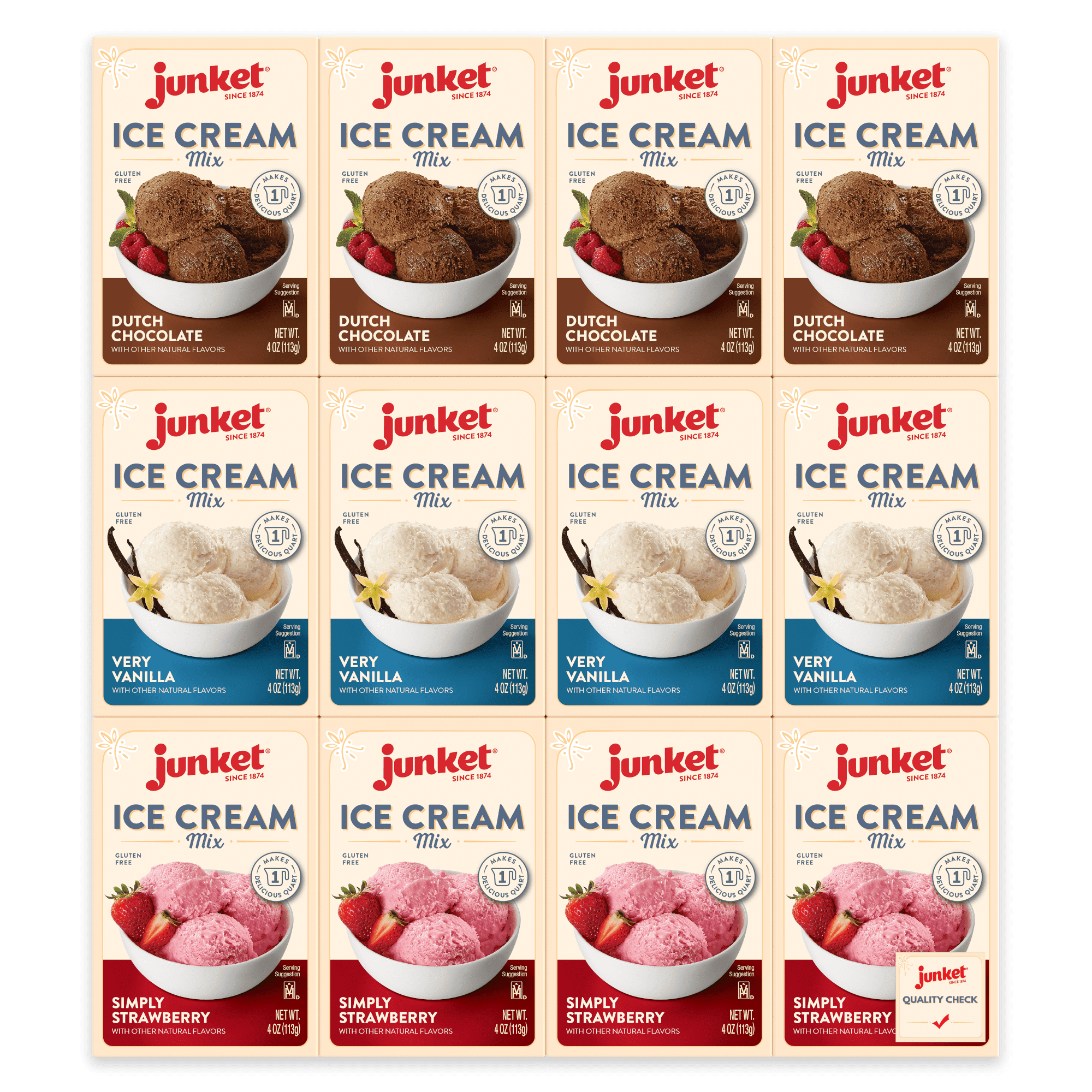 Junket Ice Cream Mix Bundle 4 Vanilla, 4 Chocolate, 4 Strawberry (12 Total)