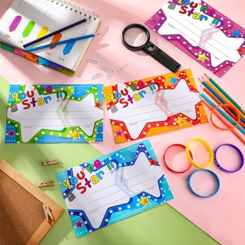 Junkin 32 Pcs Star Student Certificate Award Wristband Happy Birthday Certificate Recognition Gifts Congrats Celebrity of the Week Month Award for Back to School Classroom(Marquee You're A Star)