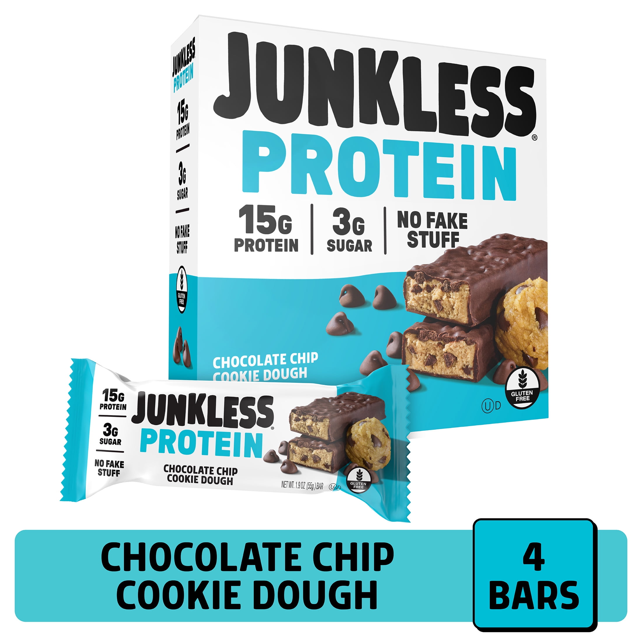 JUNKLESS Chocolate Chip Cookie Dough Protein Bar, 15 g Protein, High Fiber, Gluten Free, 1.9 oz, 4 Count