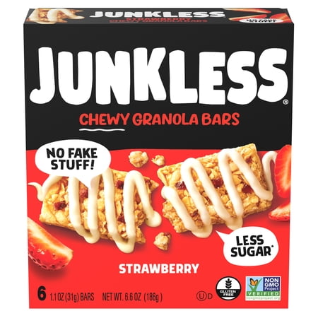 JUNKLESS Chewy Granola Bars, Strawberry, Less Sugar, Gluten Free, Non-GMO, Dairy Free, 1.1 oz, 6 Count