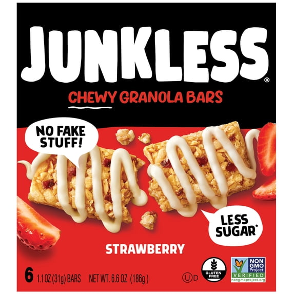 JUNKLESS Chewy Granola Bars, Strawberry, Less Sugar, Gluten Free, Non-GMO, Dairy Free, 1.1 oz, 6 Count