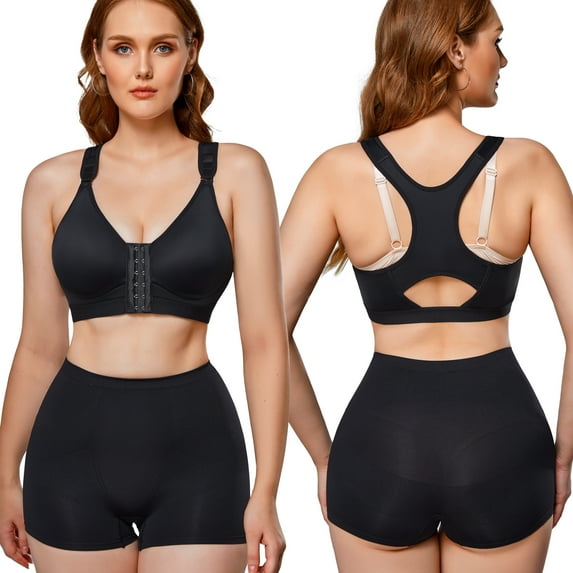 Junlan Women Post Surgery Bra Front Closure Sport Bra Removable Pads Wirefree(Black Small)