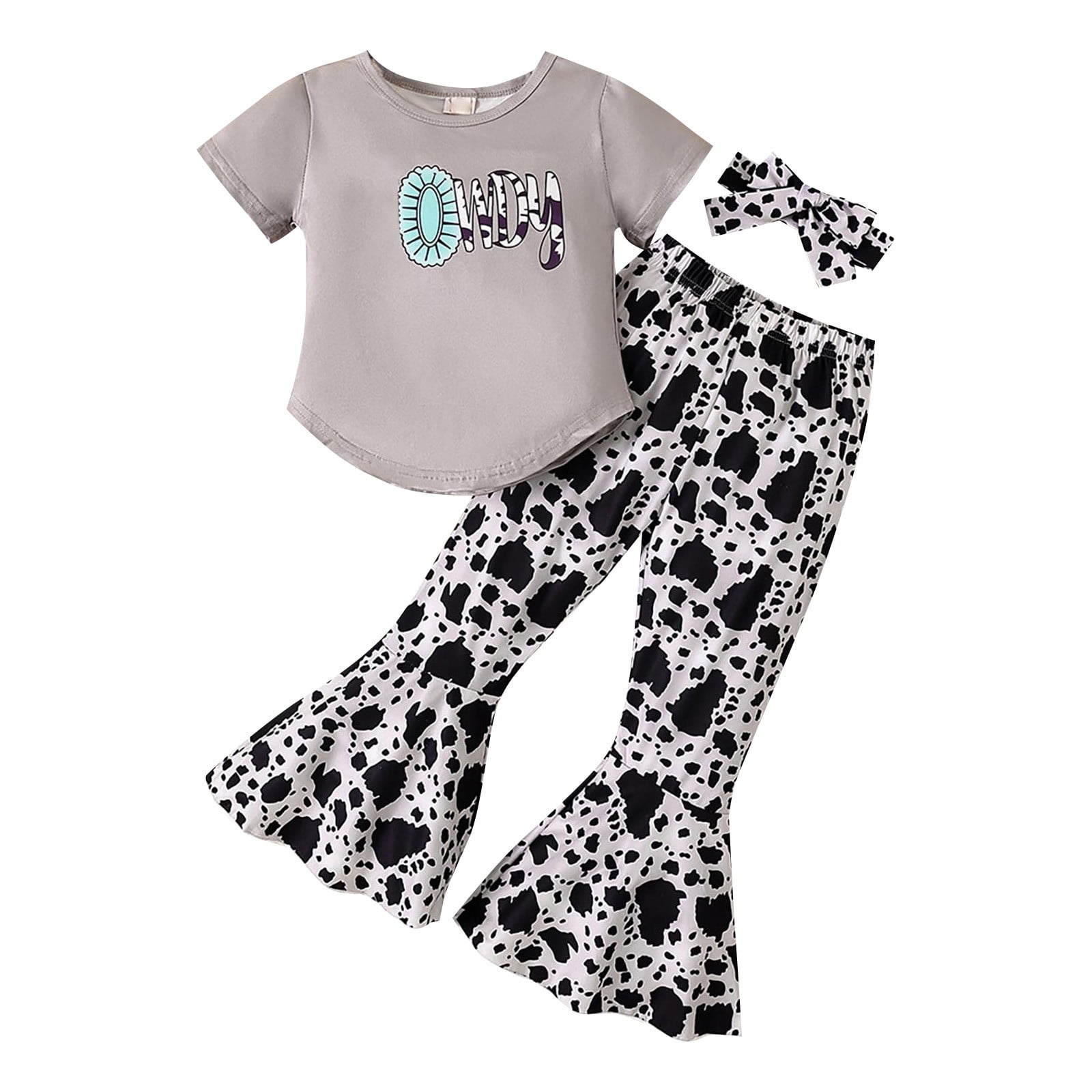 Girls Summer Clothes Childs Cartoon Flare Pants Short Sleeve T-Shirt 2 Piece Outfits For 5 To 10 Years Old