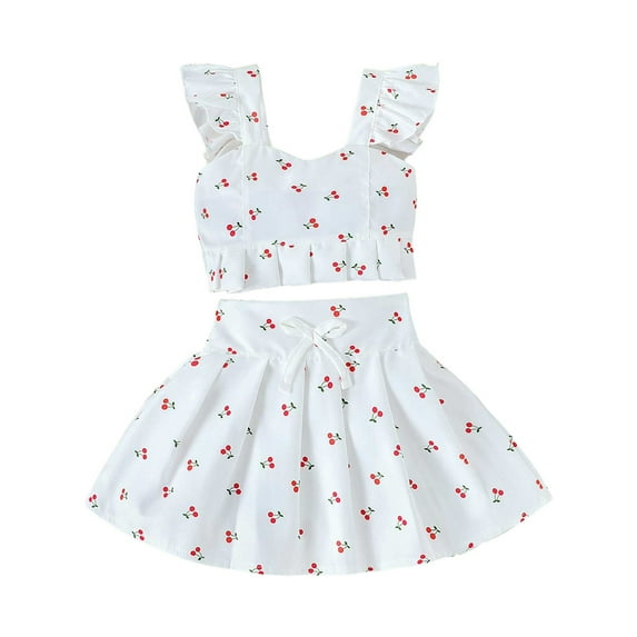 Junlike Little Girls Outfits Girls Flying Sleeve Love Cherry Printed Sling Bow Pleated Skirt Two-Piece Suit Clothes