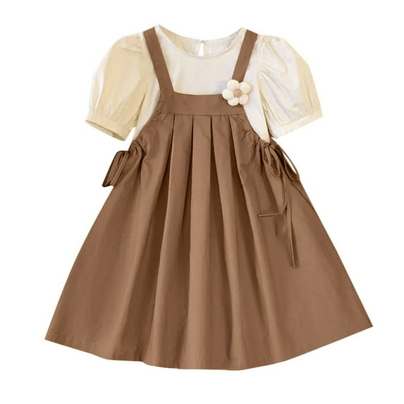 Junlike Spring Outfits for Girls Summer Dress Outfits Short Sleeve Tops and Suspender Skirt Set Kids 2Pcs Clothes