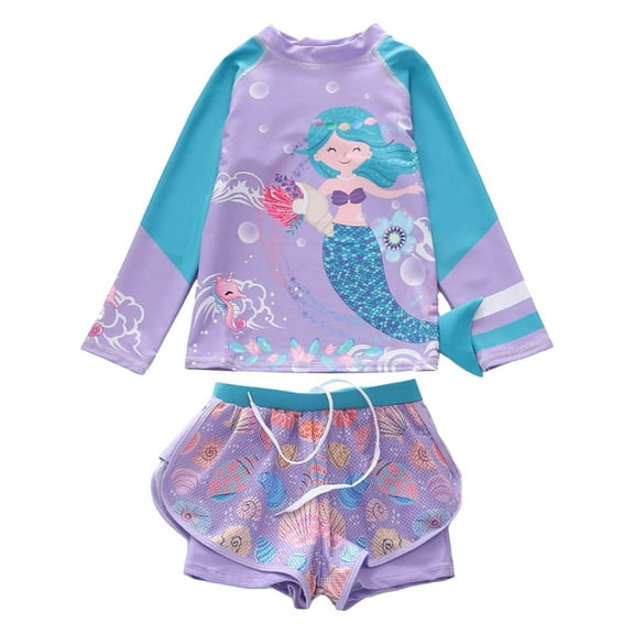 Junlike Swimsuits for Girls Toddler Children's Polychrome Swimsuit Girls Split Long Sleeve Beach Sports Net Boxer Shorts Swimsuit Small and Large Girls' Marine Pattern Swimsuit Girls' Rash Guard Sets