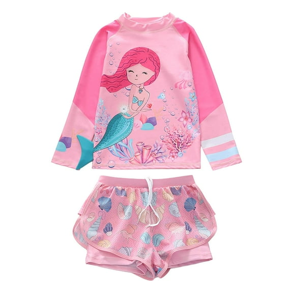 Junlike Swimsuits for Girls Toddler Children's Polychrome Swimsuit Girls Split Long Sleeve Beach Sports Net Boxer Shorts Swimsuit Small and Large Girls' Marine Pattern Swimsuit Girls' Rash Guard Sets