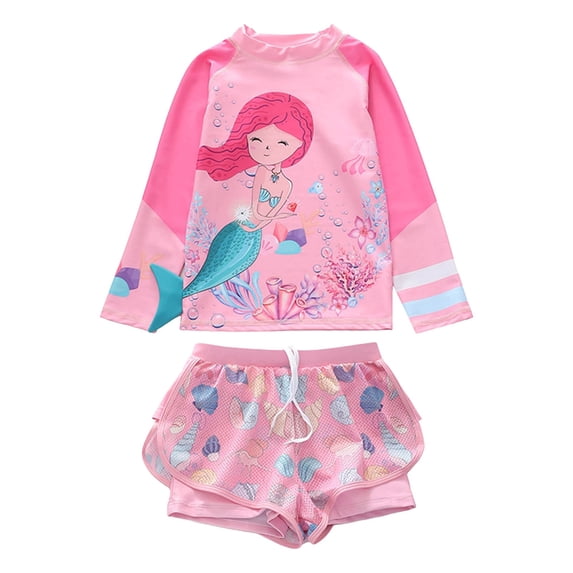 Junlike Swimsuits for Girls Toddler Children's Polychrome Swimsuit Girls Split Long Sleeve Beach Sports Net Boxer Shorts Swimsuit Small and Large Girls' Marine Pattern Swimsuit Girls' Rash Guard Sets
