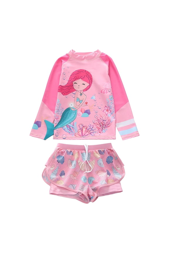 Swimsuits for Girls Toddler Children's Polychrome Swimsuit Girls Split Long Sleeve Beach Sports Net Boxer Shorts Swimsuit Small and Large Girls' Marine Pattern Swimsuit Girls' Rash Guard Sets