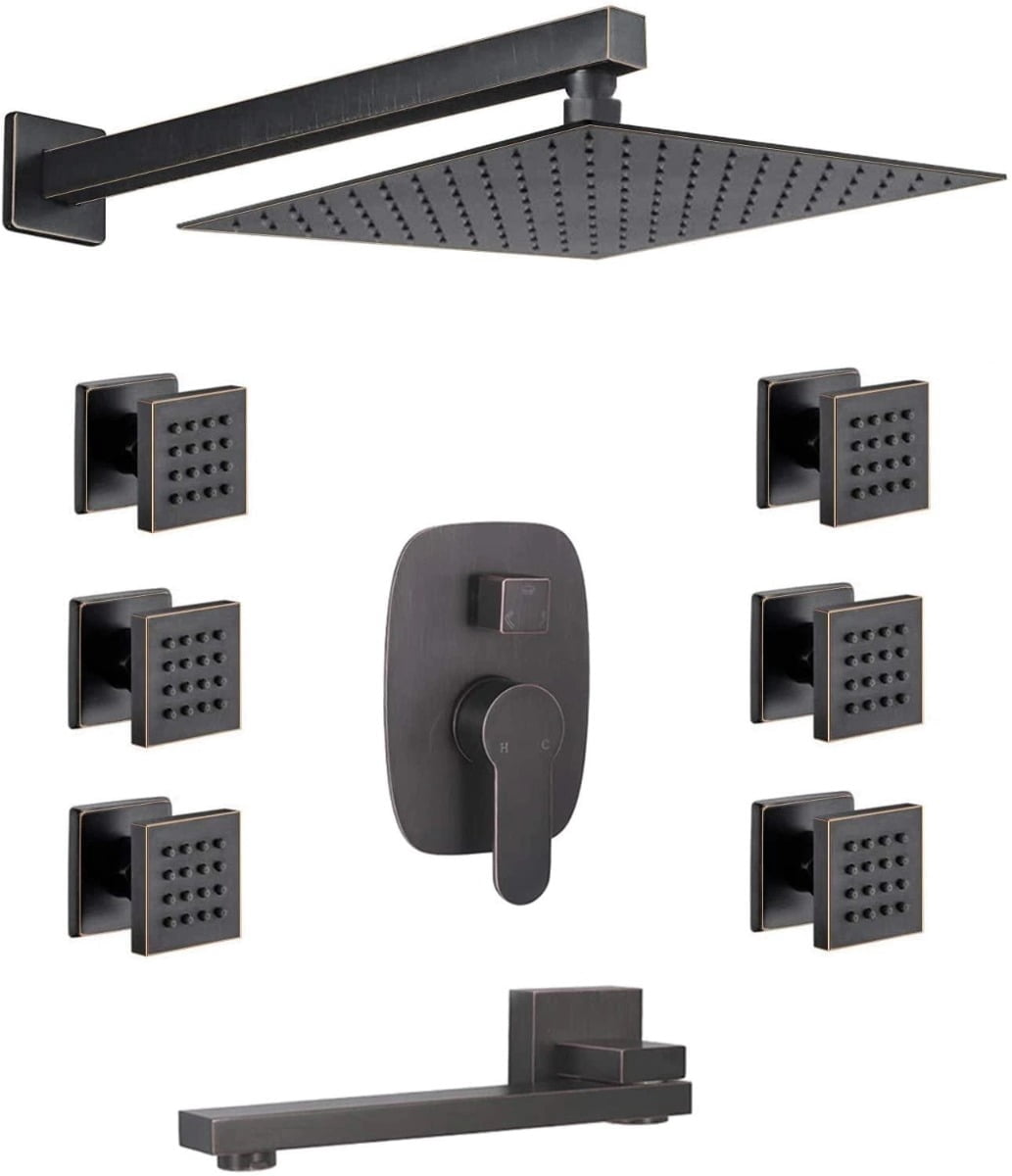 Juno 12" Ceiling Wall Mount Black Solid Brass Rainfall Shower System ...