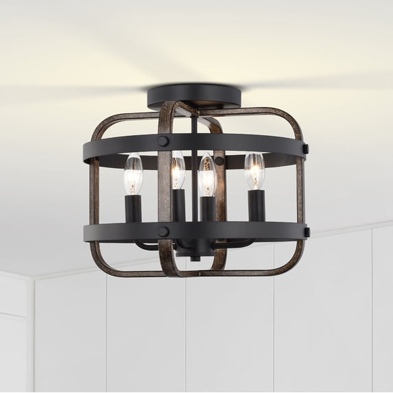 Juno 14 in. 4-Light Indoor Brown and Matte Black Finish Semi-Flush Mount Ceiling Light with Light Kit
