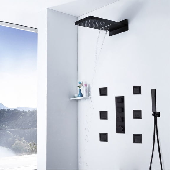 Juno 22" Dark Oil Rubbed Bronze Solid Brass Wall Mount LED Rain Shower Head with Body Jets Handheld Shower